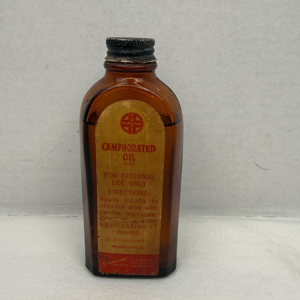 Vintage Purepac Camphorated Oil Amber Glass Apothecary Bottle 4oz Owens-Illinois